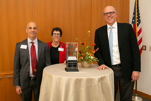 Steven Siegel, left, is joined by Keck School of Medicine of USC Dean Laura Mosqueda and Keck Medicine of USC CEO Tom Jackiewicz during a Jan. 31 ceremony to honor Siegel as the Franz Alexander Chair in Psychiatry.