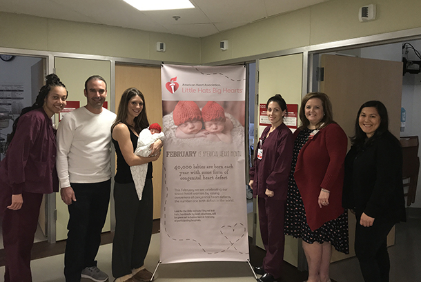 USC VHH Post-partum nurse, Terrena Wyatt with Steven, Taylor and new baby Lawsyn Vossmeyer. Also pictured are post-partum nurse Meredith Shaw, Director of Women and Family Services Missy Stehlin and American Heart Association representative Victoria Kemp.
