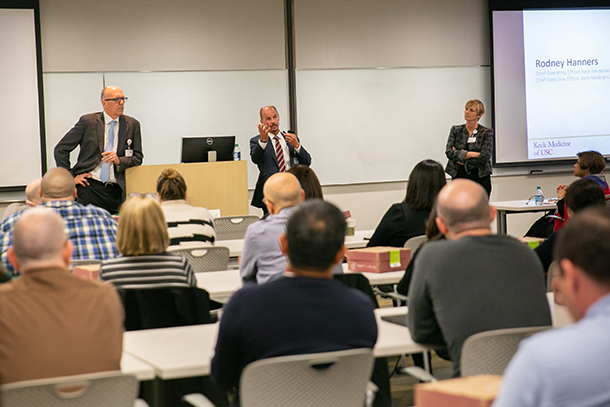 From left, Tom Jackiewicz, Rod Hanners and Shawn Sheffield address the audience at one of two All-Staff meetings held Feb. 20 and 21 on the Health Sciences Campus.