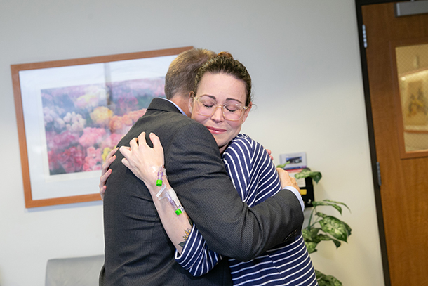 Living liver donor Damian Delaney and recipient Breana Shaw meet each other for the first time.