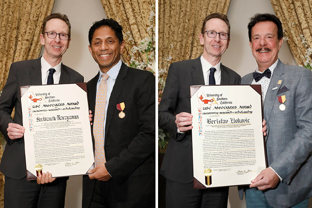 USC Provost Michael Quick awards Shrikanth Narayanan, left, and Berislav Zlokovic, right, the USC Associates Award for Creativity in Research and Scholarship during the Academic Honors Convocation, held April 9 at Town and Gown.