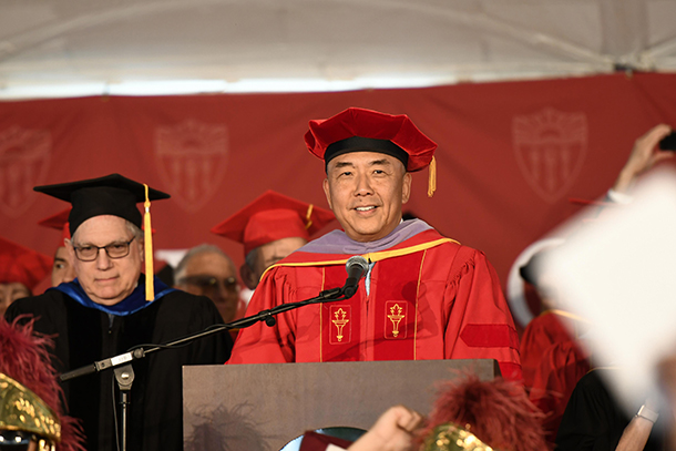Yang Chai addresses graduates at the Herman Ostrow School of Dentistry of USC’s commencement ceremony, held May 10 at the USC Village.