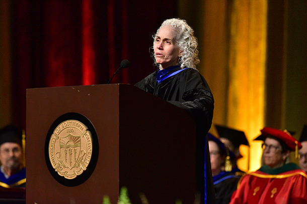 Barbara Ferrer delivers the commencement address to the Keck School of Medicine of USC's PhD, MPH and MS graduates on May 11 at the Galen Center.