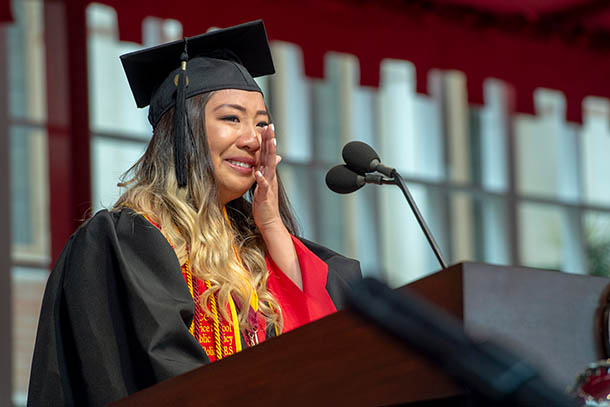 Valedictorian Ivana Giang delivers her commencement speech during the 136th 2019 USC commencement ceremony.