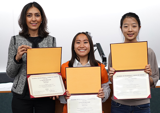 The winners of the 2019 Three-Minute Thesis competition, from left, are first-place winner Aida Kouhi, second-place winner Rebecca Lim and  third-place winner Tracey Lin.