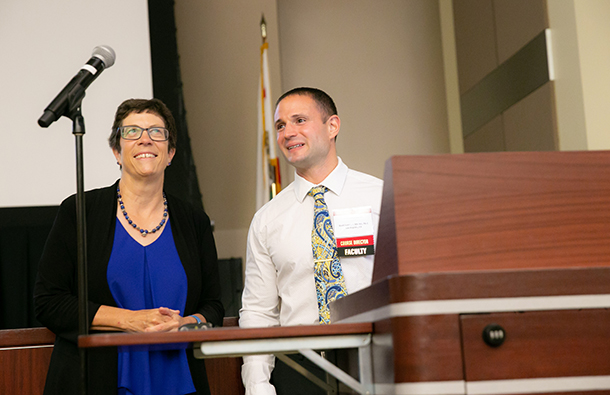 Keck School of Medicine of USC Dean Laura Mosqueda presented the opening remarks for the inaugural L.A. Street Medicine Symposium, ahead of the first panel discussion led by Brett Feldman, right.