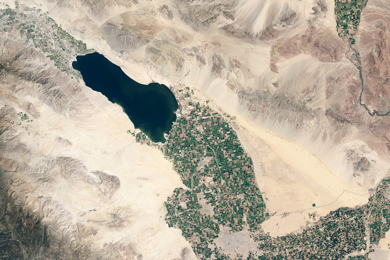 A NASA satellite image shows the shrinking Salton Sea and nearby affected fields and residents.