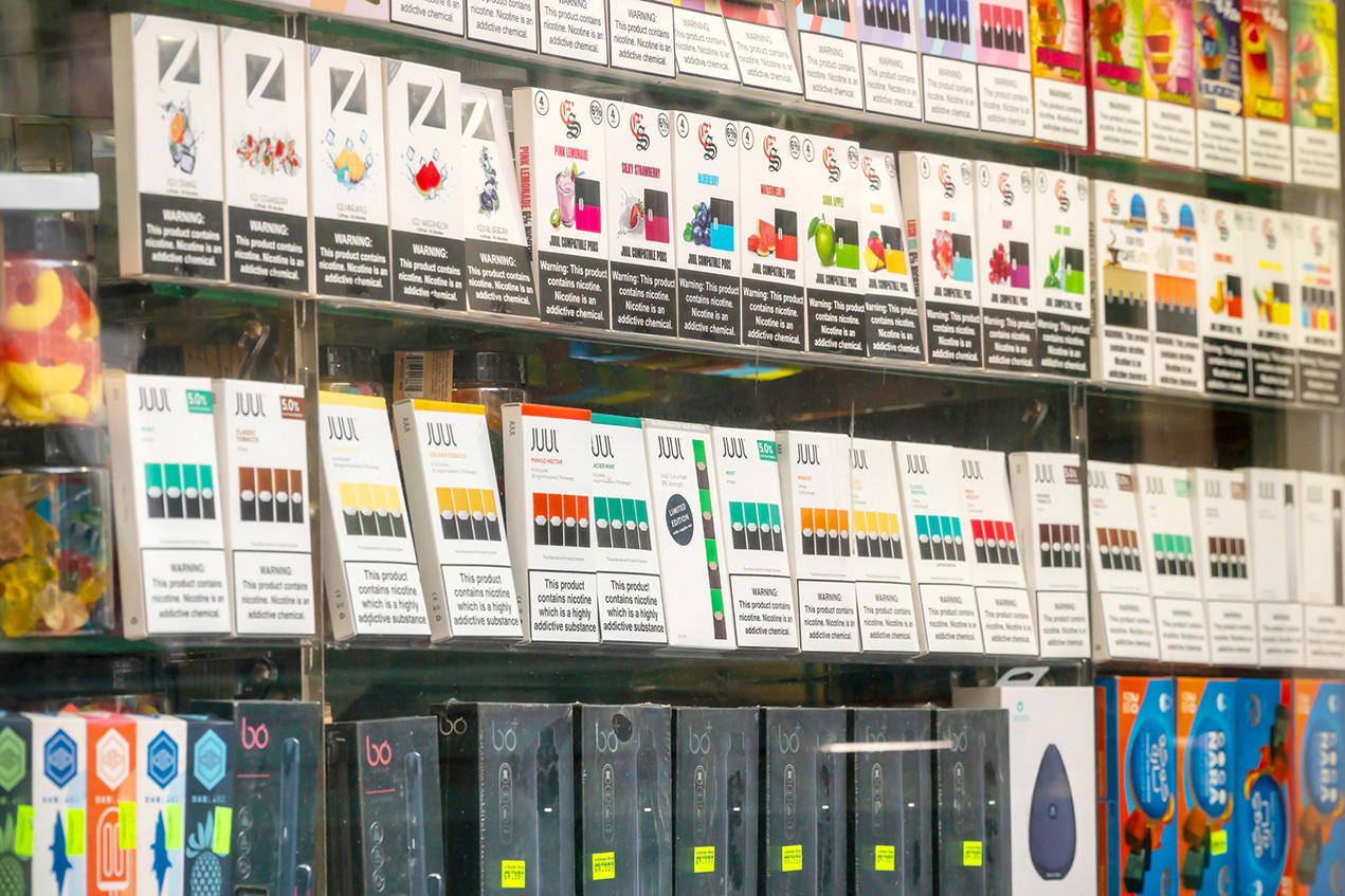 A selection of the popular Juul brand vaping supplies and third-party replacement pods for sale.
