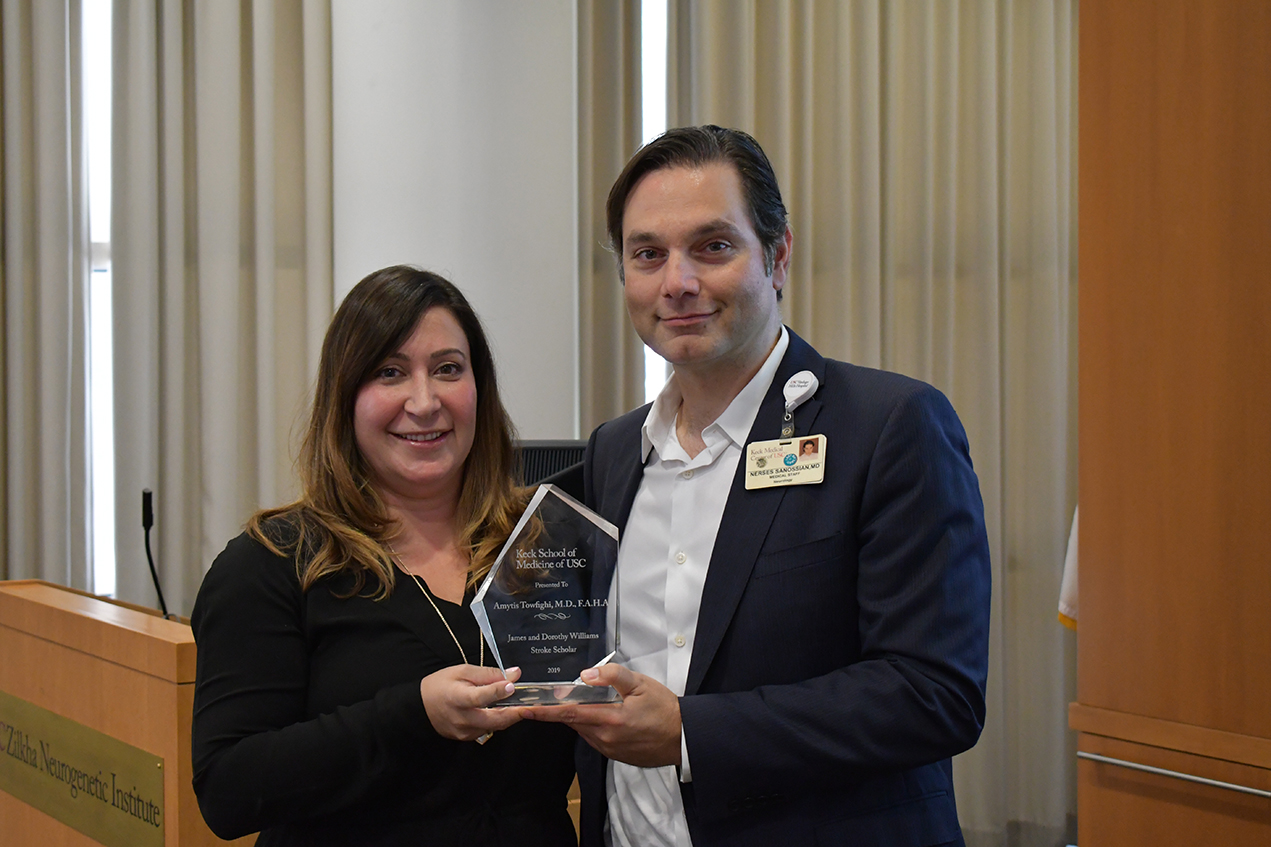 Nerses Sanossian, MD, director of the RTH Stroke Program and associate professor of neurology (clinical scholar) at the Keck School, awarded Towfighi as the recipient of the 2019 Roxanna Todd Hodges Lectureship on Stroke Education and Prevention and the James and Dorothy Williams Stroke Scholar.
