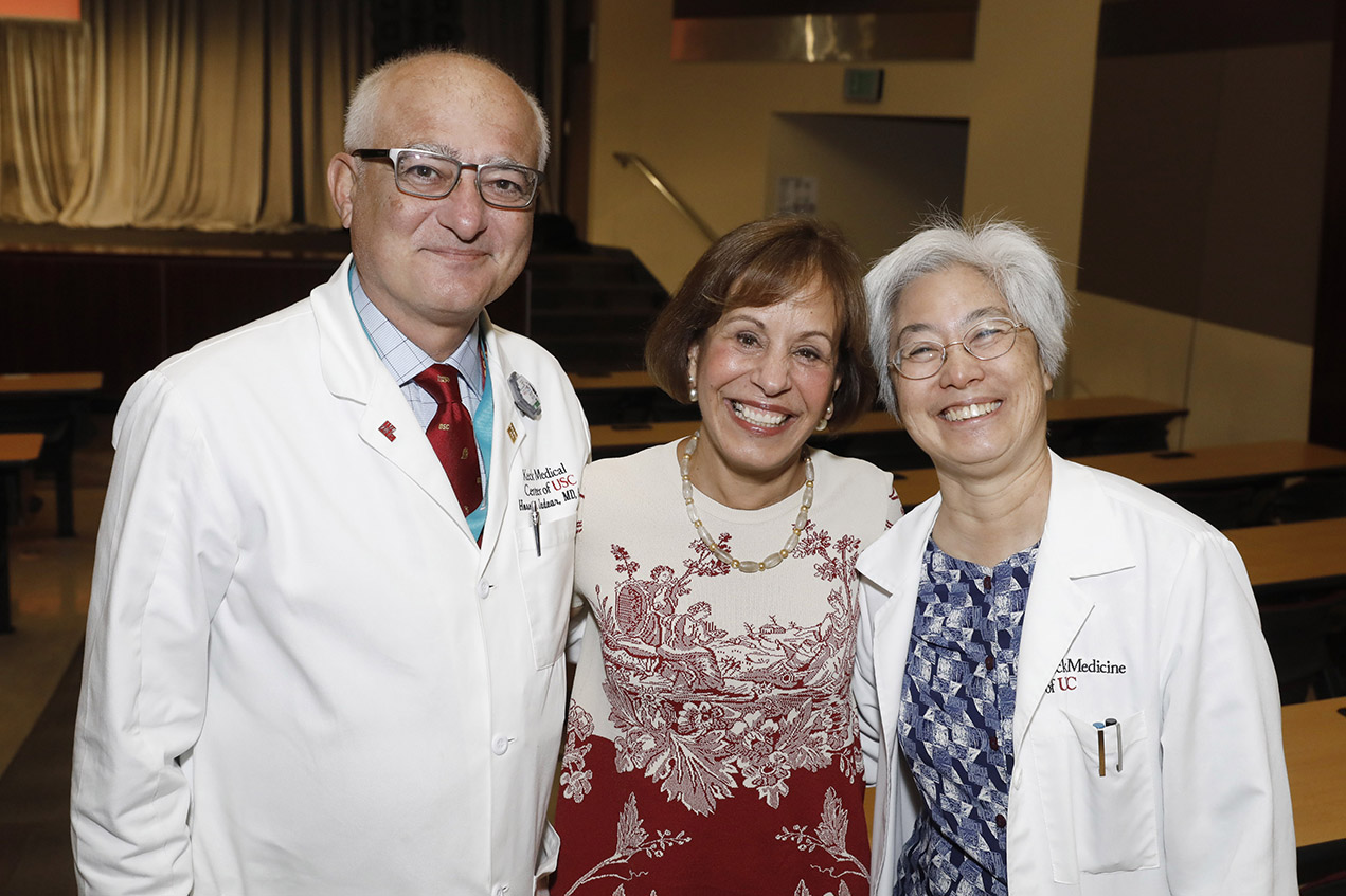 From left, Hossein Jadvar, USC President Carol L. Folt, and Helena Chui attend the HSC Faculty Symposium on Sept. 18.