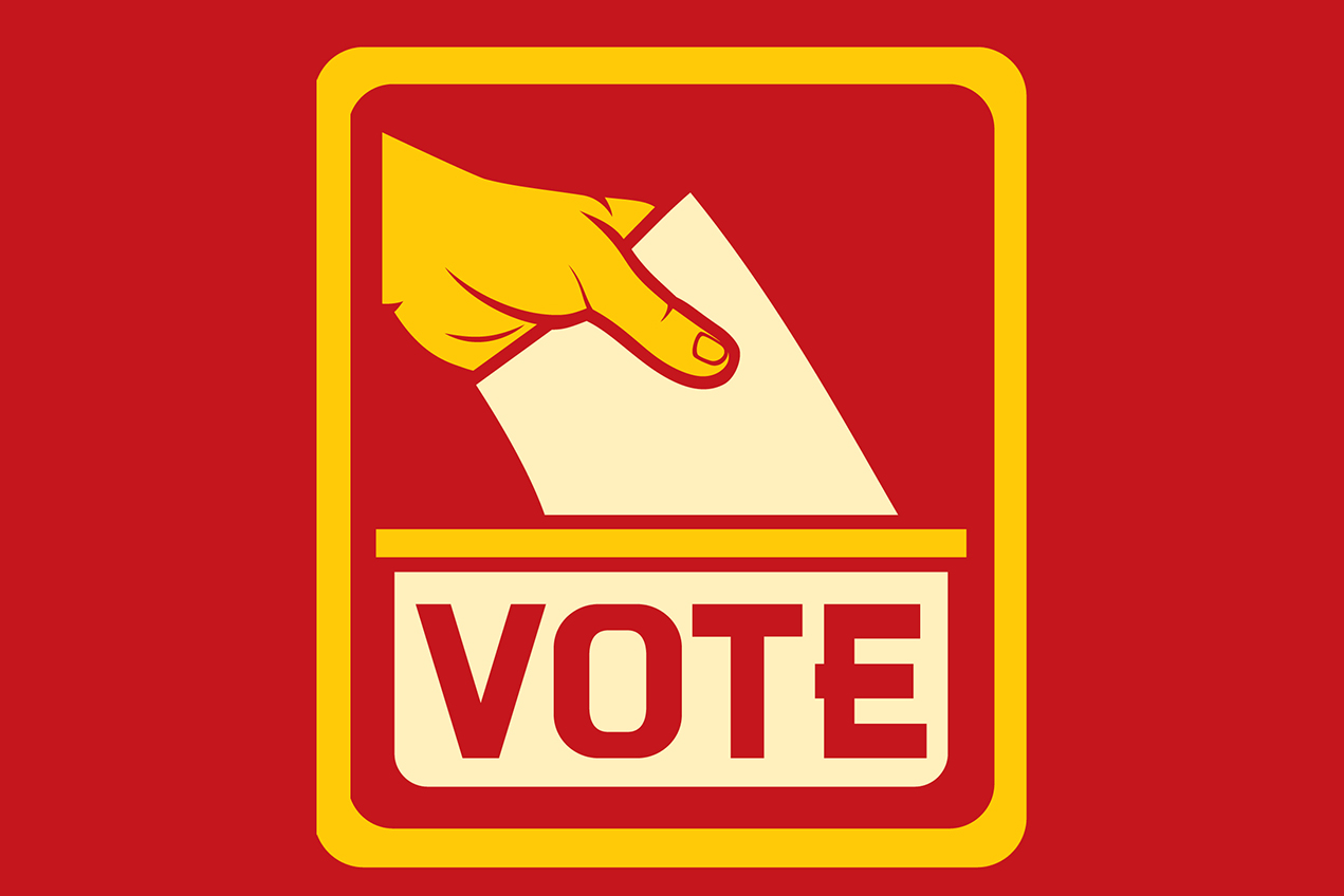 A gold and cardinal illustration depicts a hand putting a ballot in a voting box