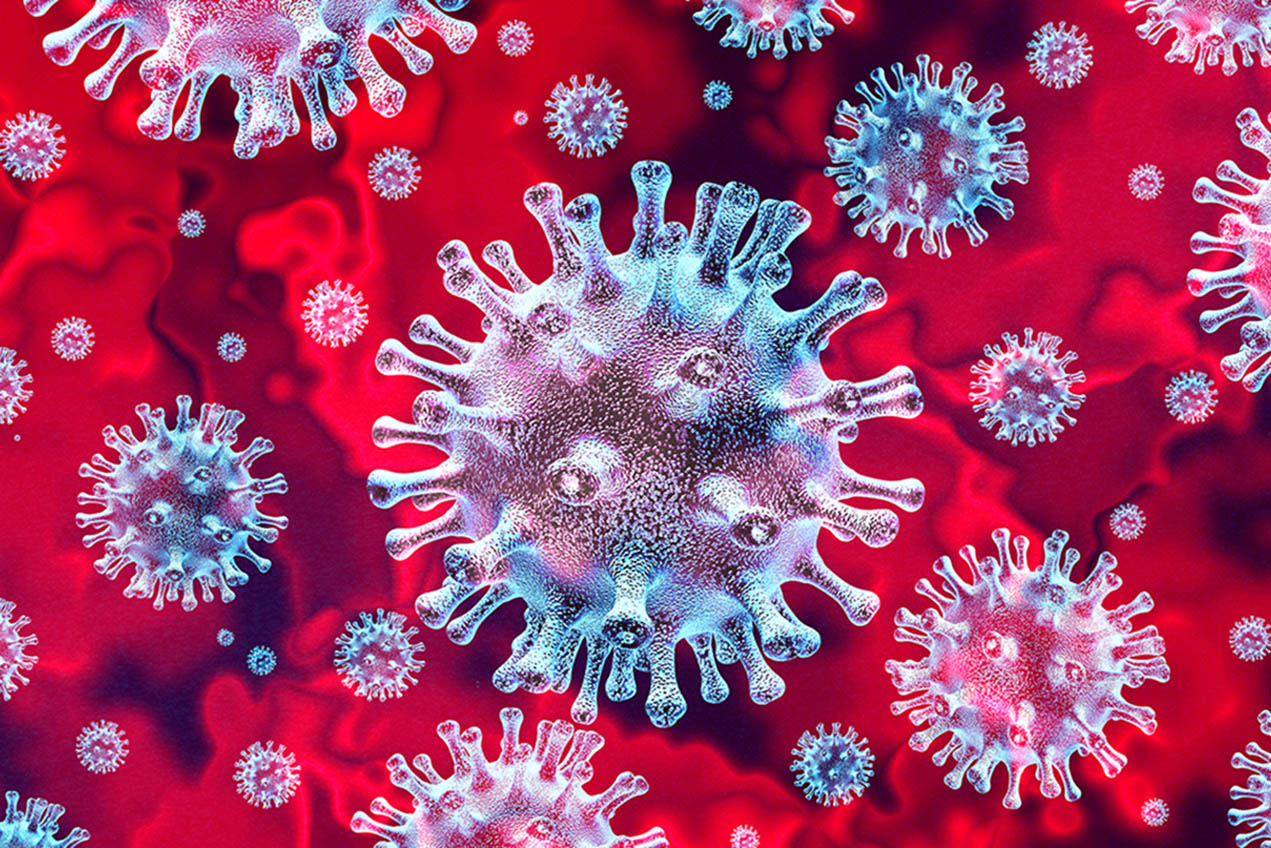 Coronaviruses float in a red space.