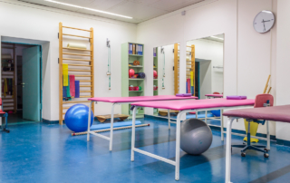 A room stands equipped with padded tables, exercise balls, and resistance bands.