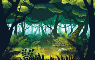 An illustration depicts a lush forest.