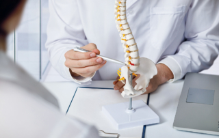 A doctor points out a disc low on a model of a spine.