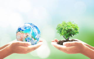 One pair of hands holds a small planet Earth, while another holds a tree.