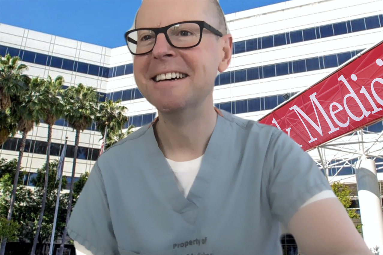 A virtual meeting screenshot shows an enthusiastically smiling doctor.