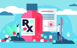 An illustration depicts doctors at a giant medicine bottle and prescription pad.