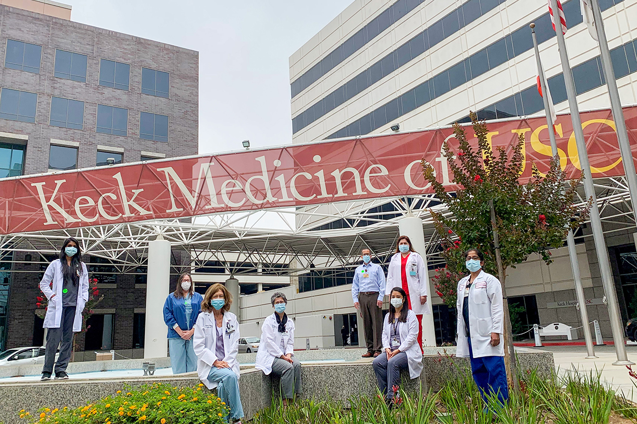 The Keck Medicine of USC lung transplant team that authored the study includes, left to right: Jaynita Patel, Tammie Possemato, Felicia Schenkel, Roya Sadeghi, Jeremy O'Conner, Marian Duong, Maria Bembi and Sivagini Ganesh. Not pictured: Mark L. Barr.