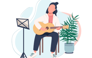 An illustration depicts a woman playing a guitar.