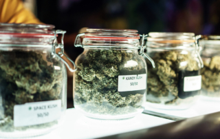 Labeled jars of marijuana sit on a shop counter.