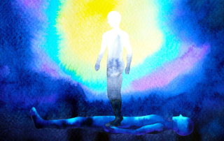 An illustration depicts a spirit standing over an identical body in a bright light.