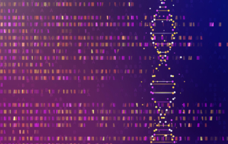 An illustration depicts a double helix rising among lines of genetic code.