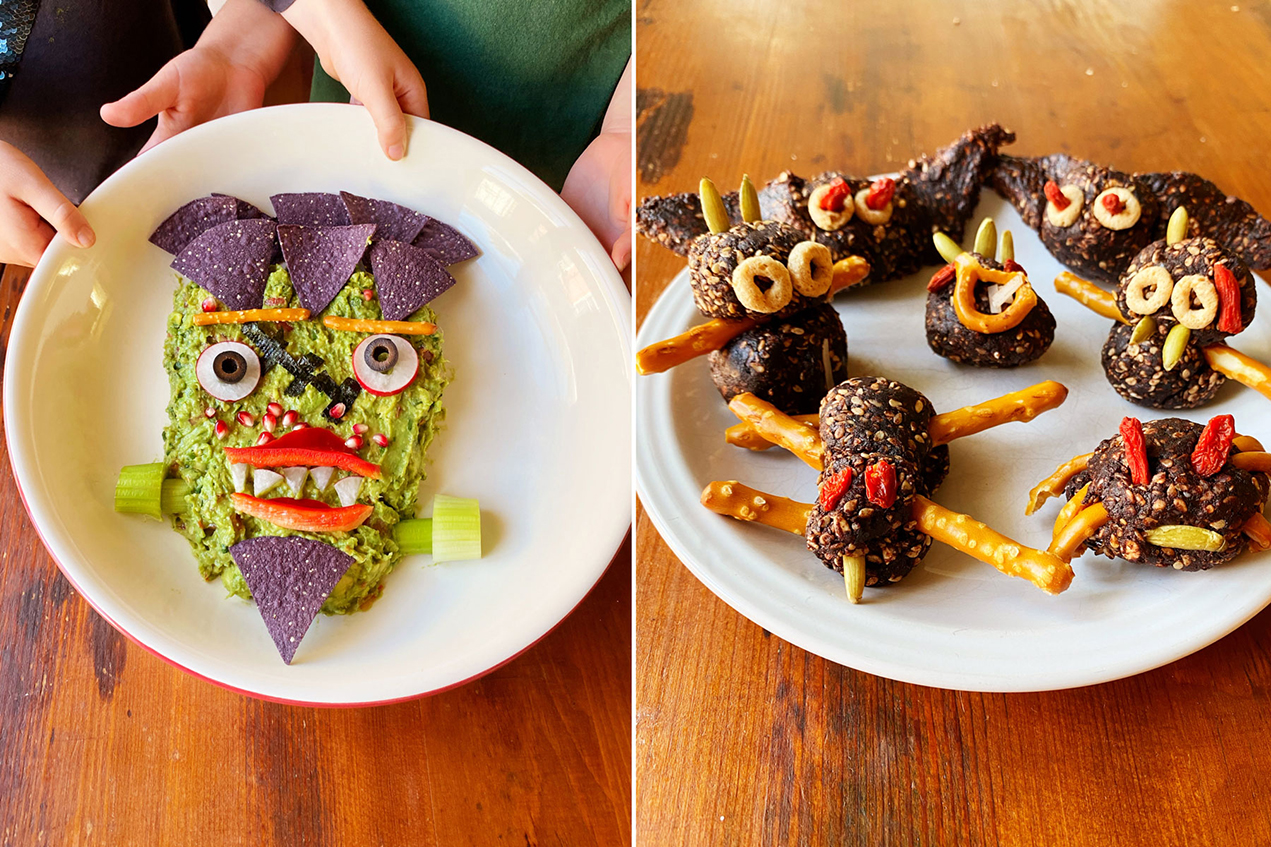 A monster face made of guacamole and vegetables, left, and owls and spiders made from sesame seeds are great fun for kids and healthy, too.