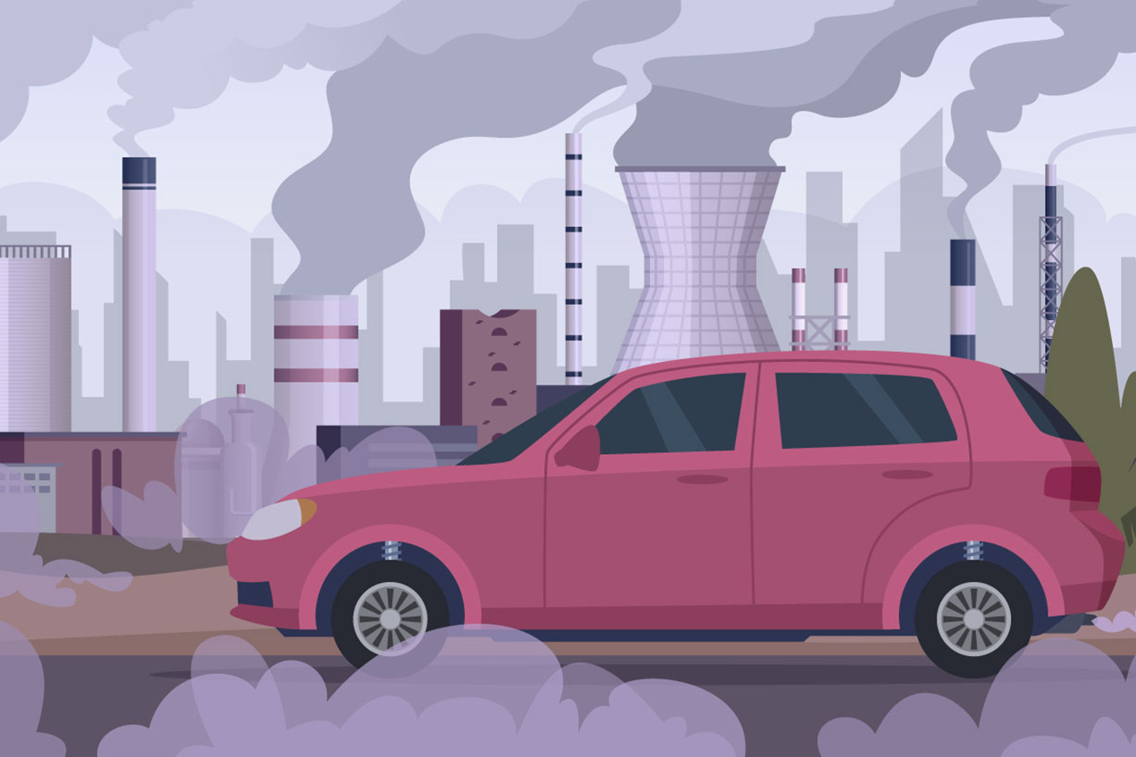 An illustration of a car with smokestacks in the background