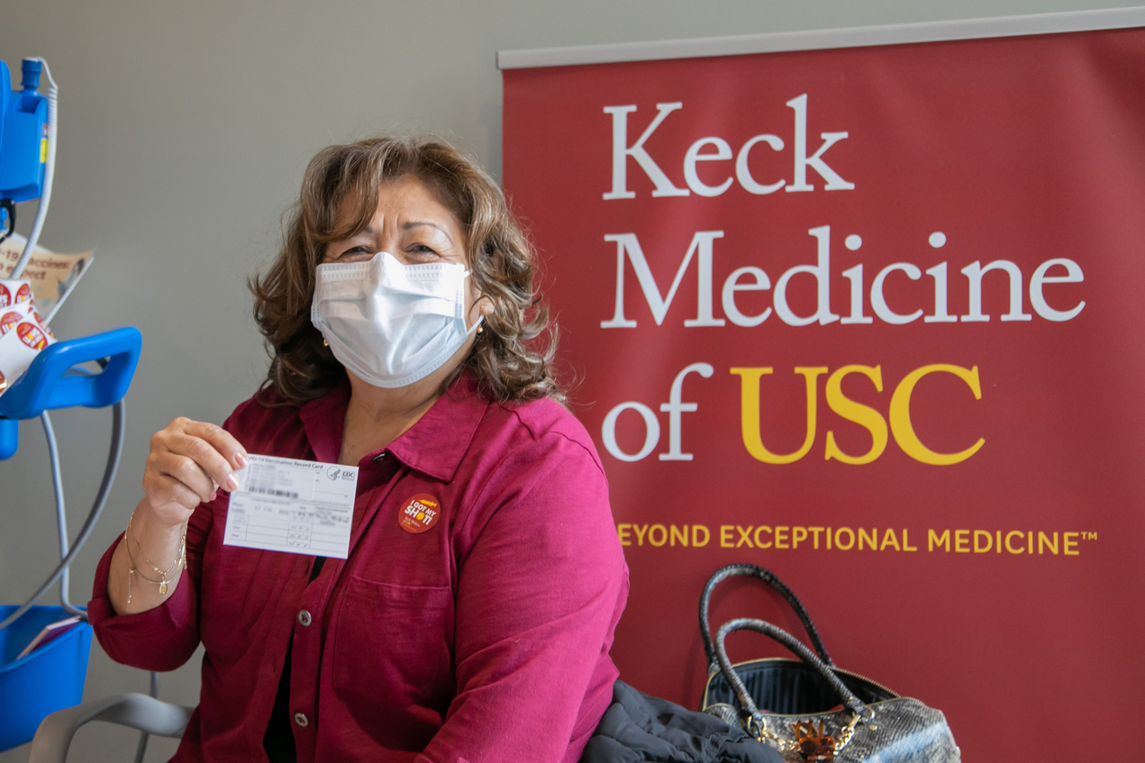 Keck Medicine of USC offered COVID-19 vaccinations to the 65-and-older family members of its Environmental Services (EVS) teams on Jan. 23, 2021. Nidia Salas, the mother of EVS employee Marco Antonio Salas, received her first dose.