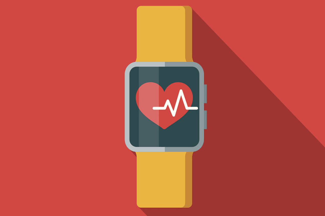 An illustration of a watch with a heart health symbol is seen on a red background