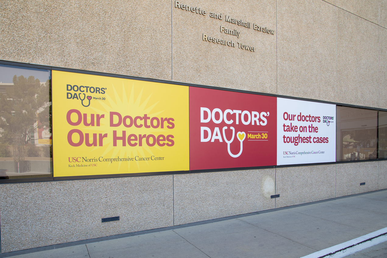 Three signs recognizing Doctors' Day are seen along a windowed wall