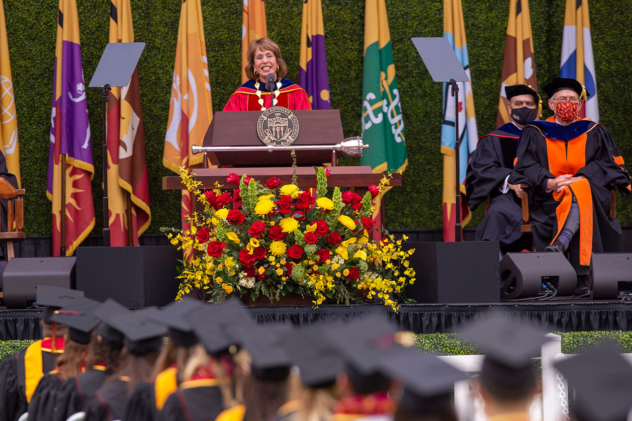 USC President Carol Folt speaks at the 2021 Commencement ceremony at the L.A. Coliseum.