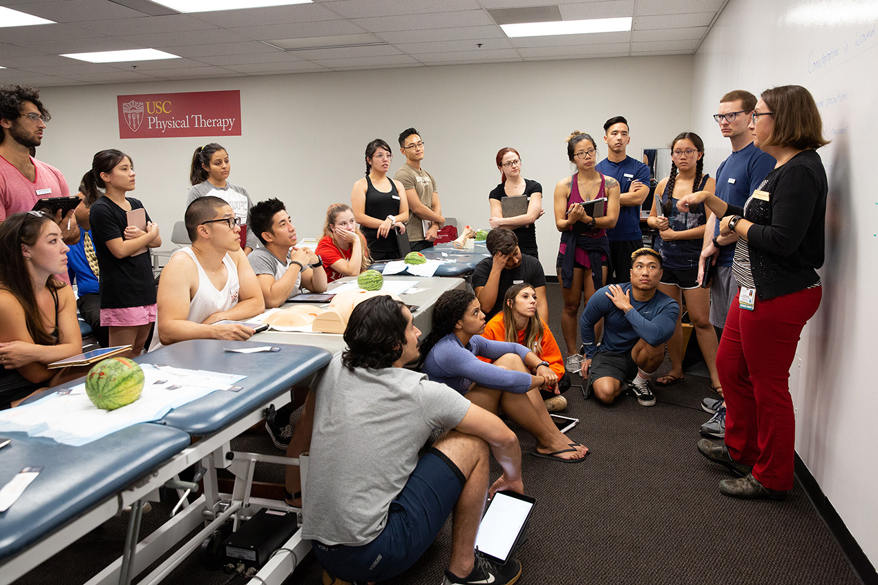 Doctor of Physical Therapy students on the hybrid pathway, seen here in 2018, hone their hands-on skills during regular immersions that take place on campus.