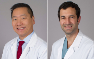 In side-by-side portraits, two doctors smile in white coats.