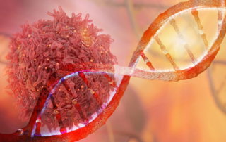 An illustration depicts a cancer cell near a DNA strand.