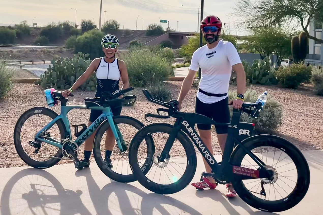 Kathy Nguyen and Keck Medicine of USC neurosurgeon Jonathan Russin trained to compete in the Arizona Ironman competition on Nov. 21, 2021, in honor of the sixth anniversary of Nguyen's ruptured brain aneurysm.