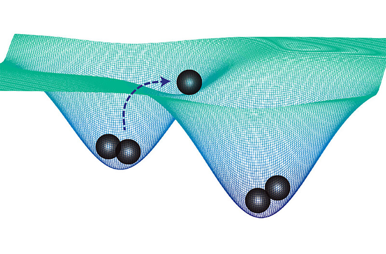 In this schematic, cells (black spheres) within each well are committed to a specific fate, but external stimuli, such as cell-to-cell communication, can force cells out of one state and into another.