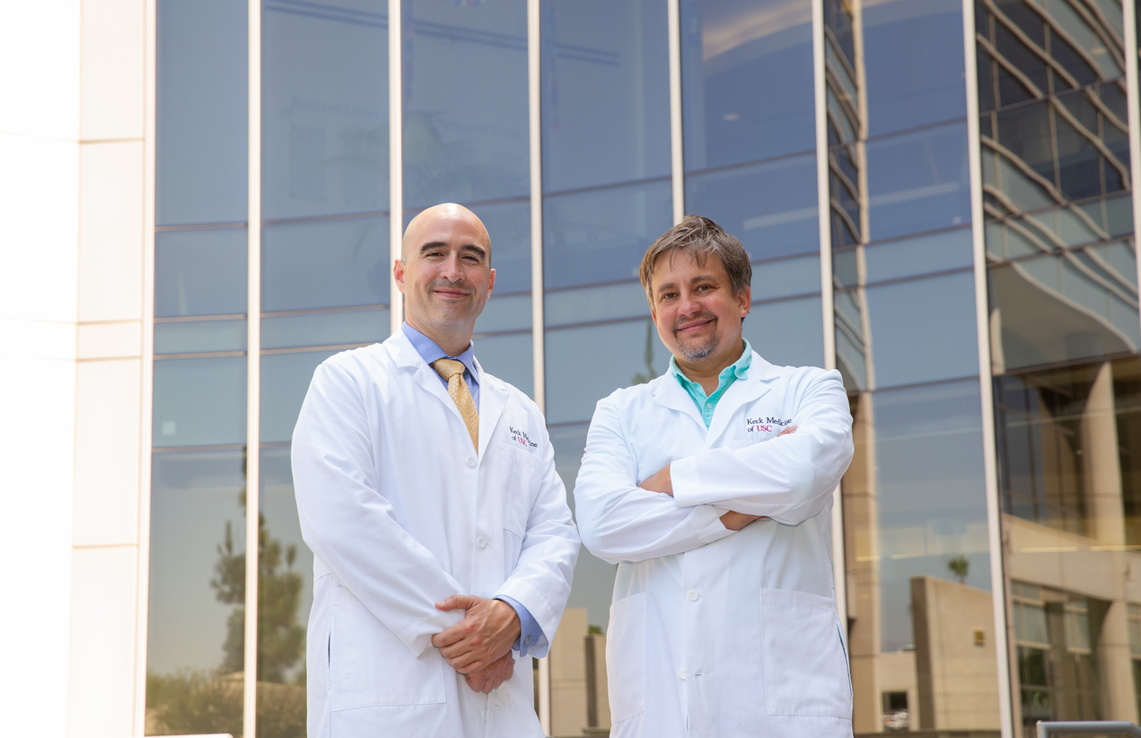 A novel off-the-shelf bio-implant containing embryonic stem cells has the potential to revolutionize the treatment of cartilage injuries, according to published research by Frank Petrigliano, MD, (left) and Denis Evseenko, MD, PhD.