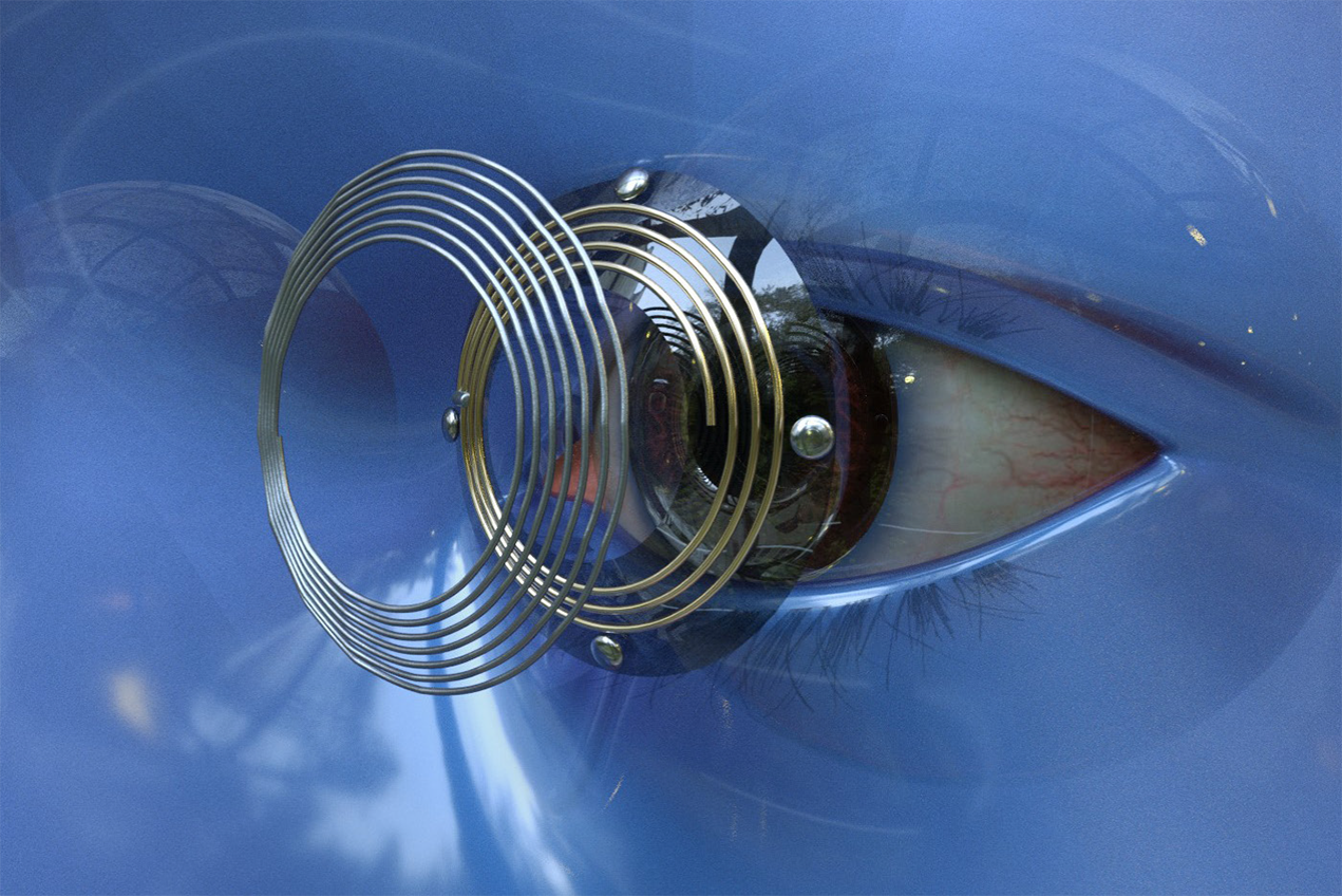 An illustration of an eye in a blue face with lenses and metallic circles in front of the iris