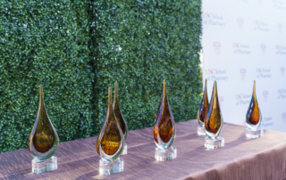 Sleek, teardrop-shaped awards stand arranged on an outdoor table.