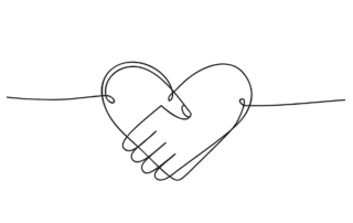 An illustration depicts two hands making a heart shape as they shake in agreement.