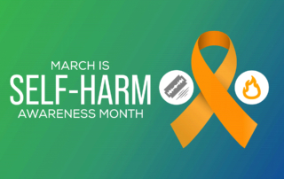 An illustration of an orange ribbon between a razor and a flame reads, March is Self-Harm Awareness Month.