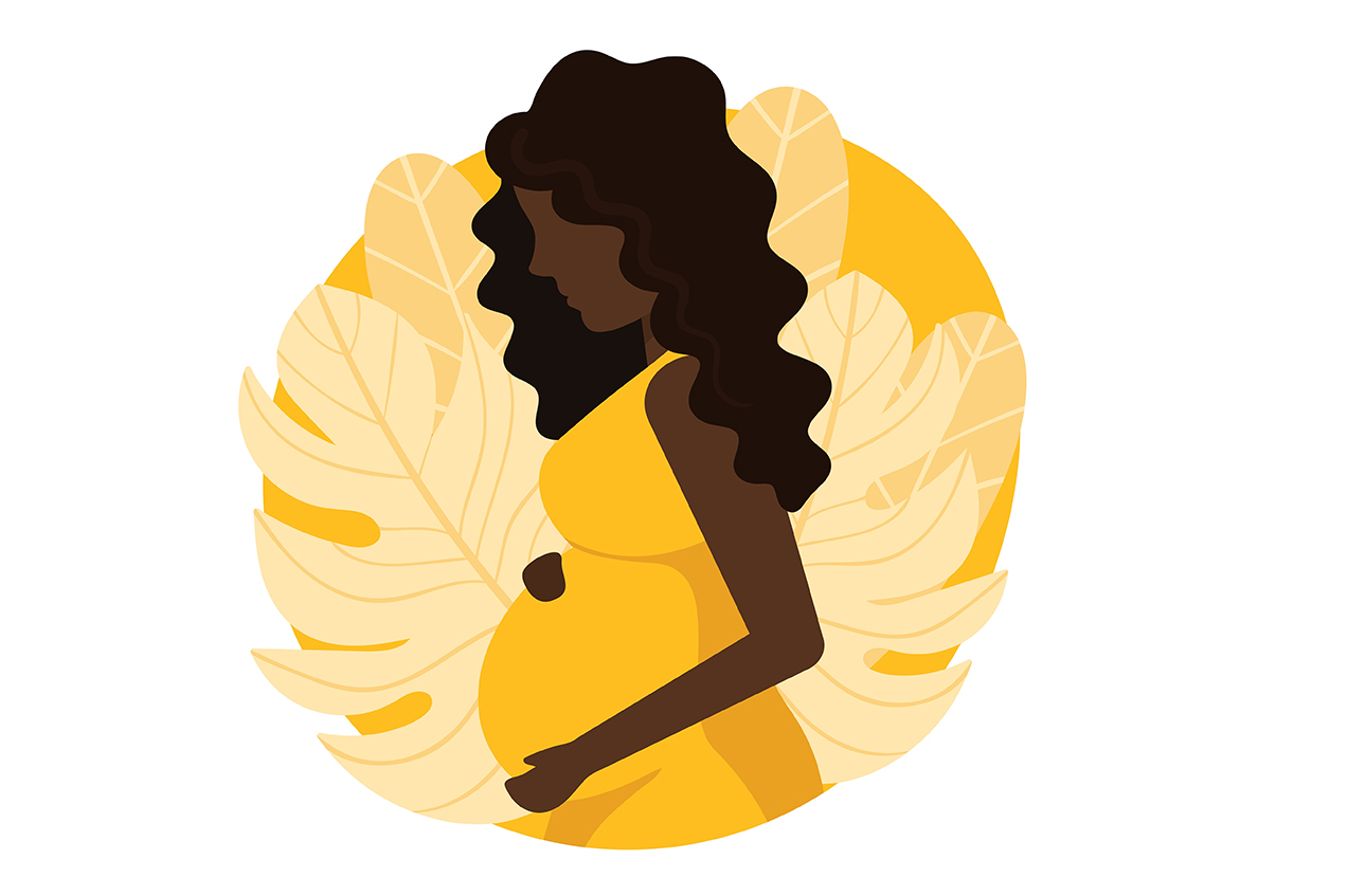 An illustration depicts a pregnant woman looking down at her round belly