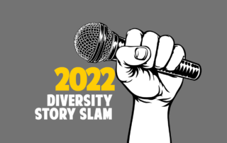 In an illustration, a hand holds up a microphone by the words 2022 diversity story slam