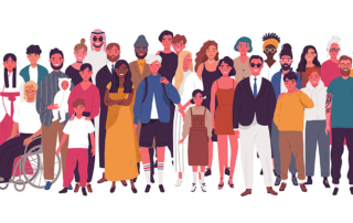An illustration depicts a large, diverse group of people.