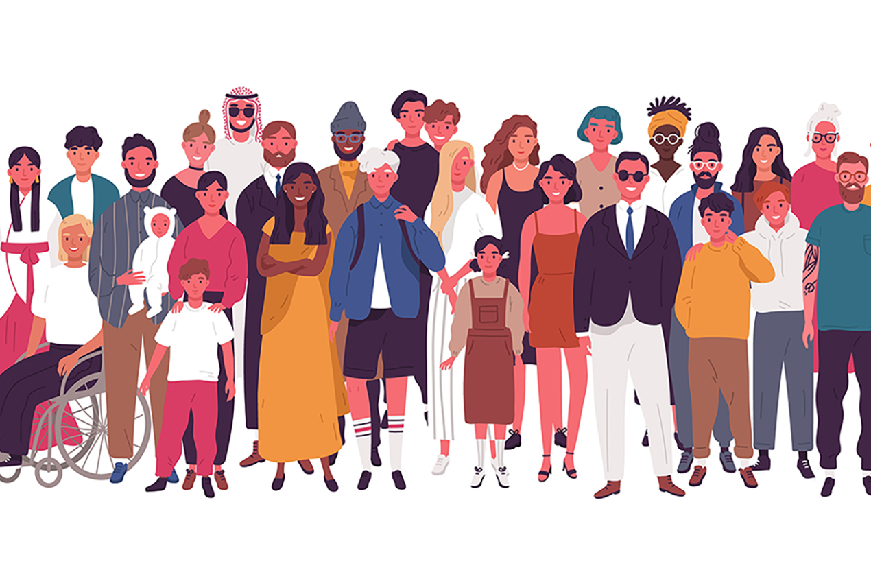An illustration depicts a large, diverse group of people