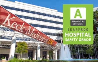 An image of Keck Hospital includes a logo featuring the A safety rating