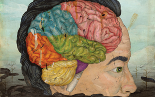 An illustration depicts a see-through head showing a colorful brain, impacted by pollution