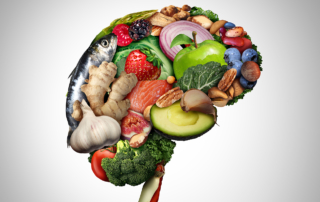 Healthy foods form the shape of a brain